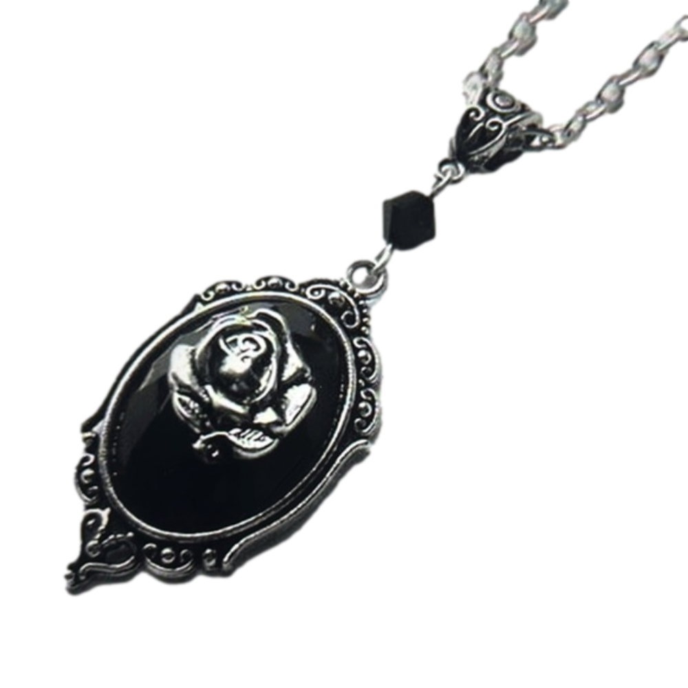 Silver Black Rose Pendant Embossed Crystal